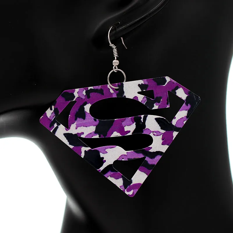 Purple Camo Superman Diamond Shaped Metal Earrings