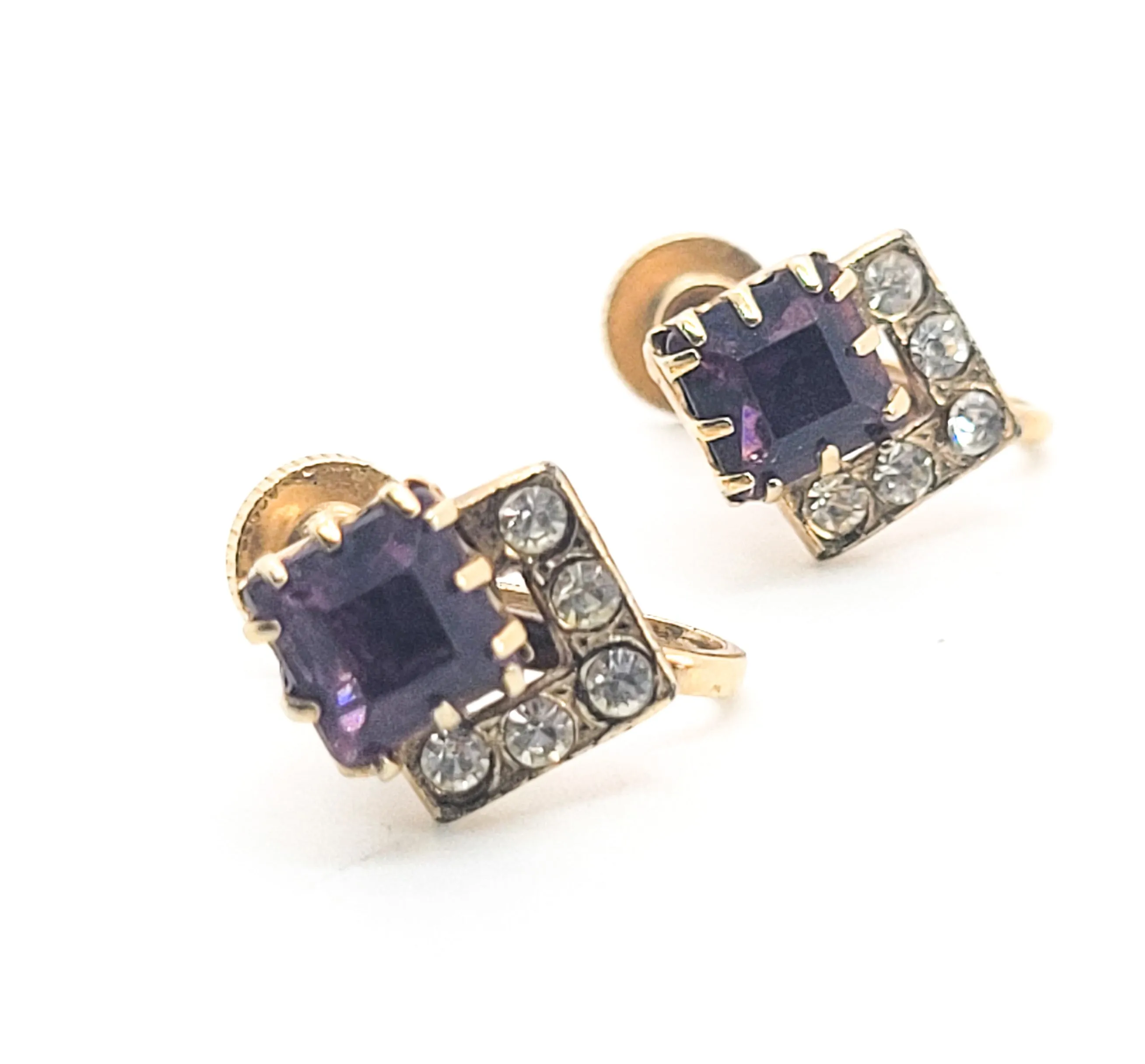 Purple princess cut clear rhinestone gold toned vintage screw back earrings