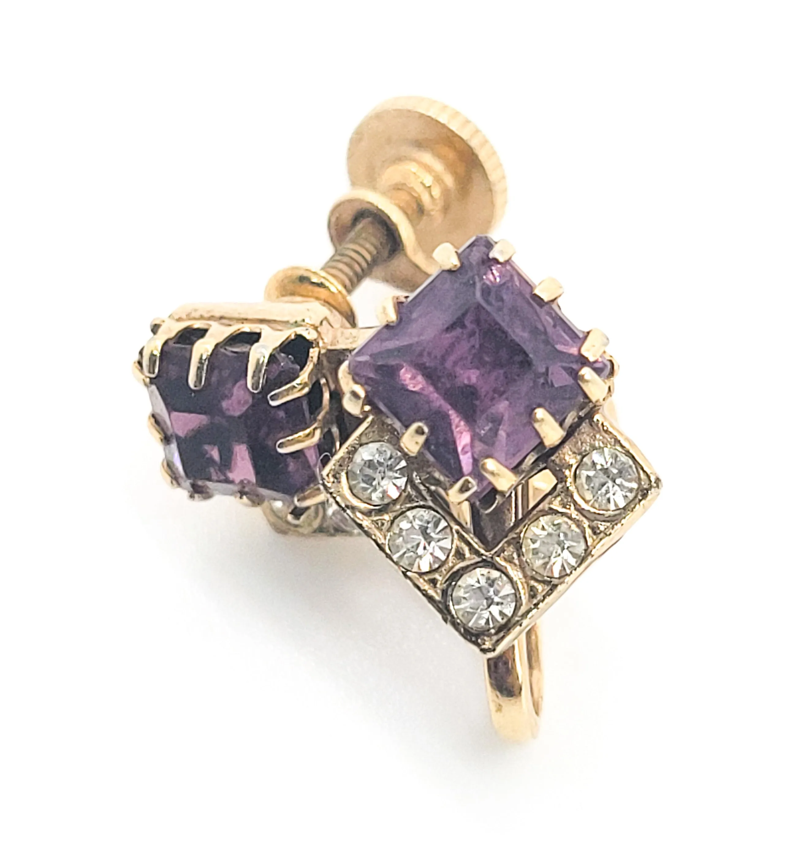 Purple princess cut clear rhinestone gold toned vintage screw back earrings