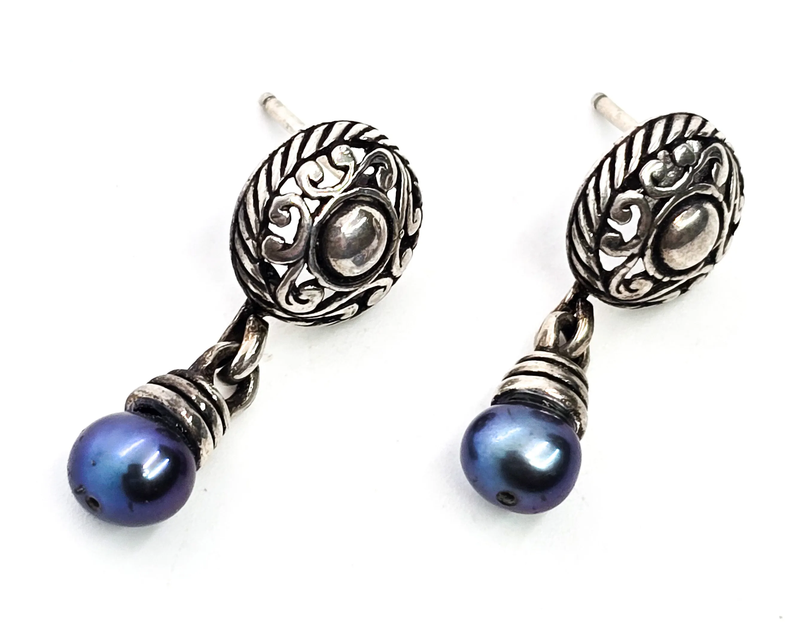 QT Quoc Turquoise Tahitian blue pearl sterling silver vintage drop earrings