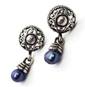 QT Quoc Turquoise Tahitian blue pearl sterling silver vintage drop earrings