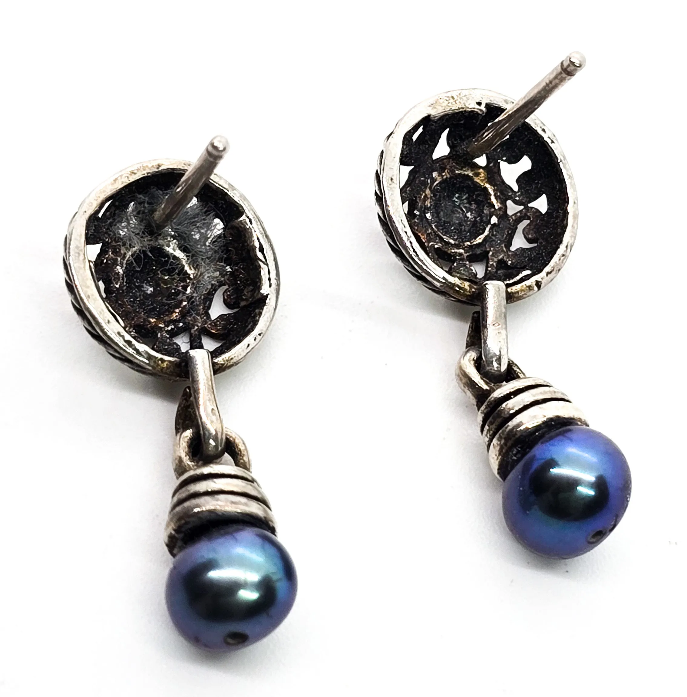QT Quoc Turquoise Tahitian blue pearl sterling silver vintage drop earrings