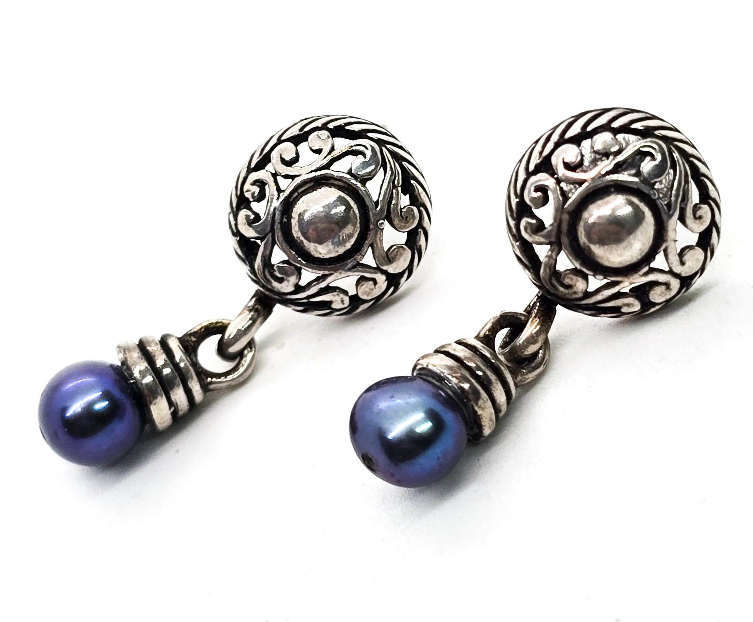 QT Quoc Turquoise Tahitian blue pearl sterling silver vintage drop earrings