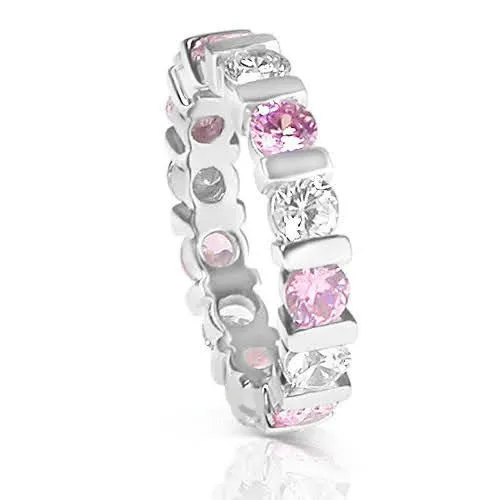 Radiant 3.20CT Round Cut Diamond and Pink Sapphire Eternity Ring in Platinum
