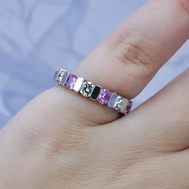 Radiant 3.20CT Round Cut Diamond and Pink Sapphire Eternity Ring in Platinum