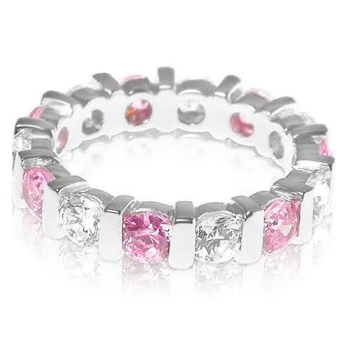 Radiant 3.20CT Round Cut Diamond and Pink Sapphire Eternity Ring in Platinum