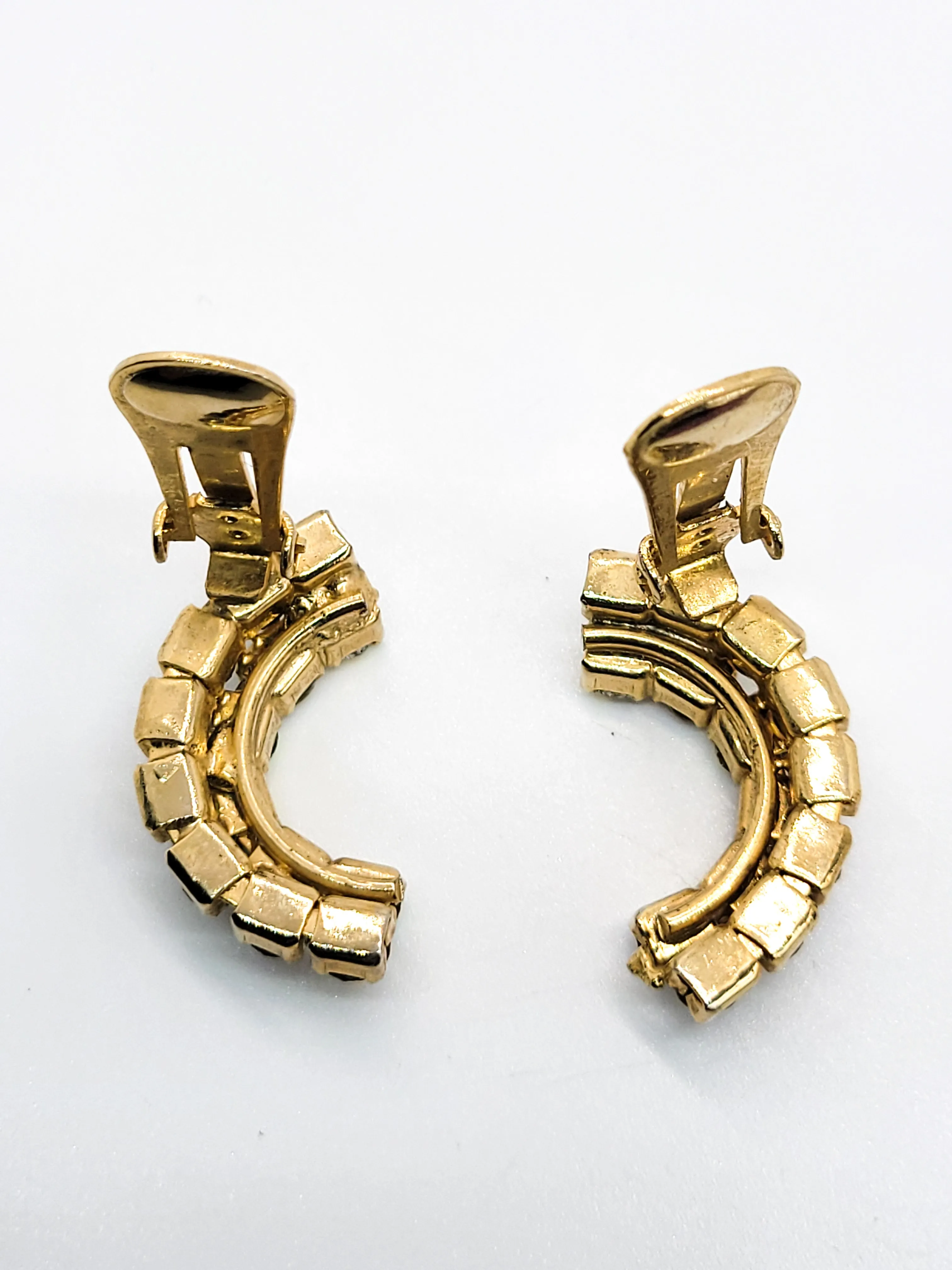 Rainbow Crescent Aurora Borealis AB gold toned prong set vintage rhinestone earrings