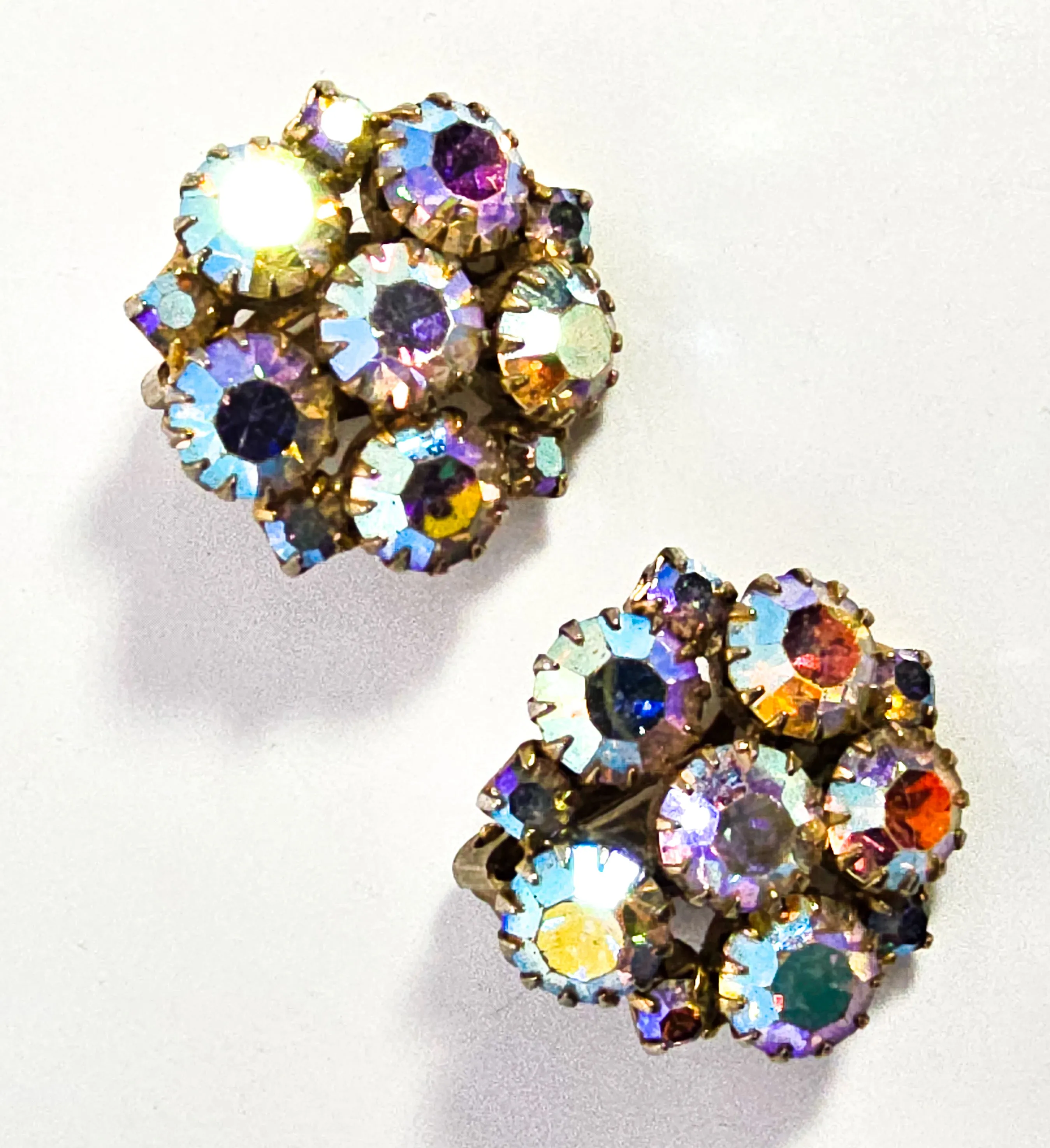 Rainbow flower cluster aroura borealis AB vintage rhinestone clip on earrings