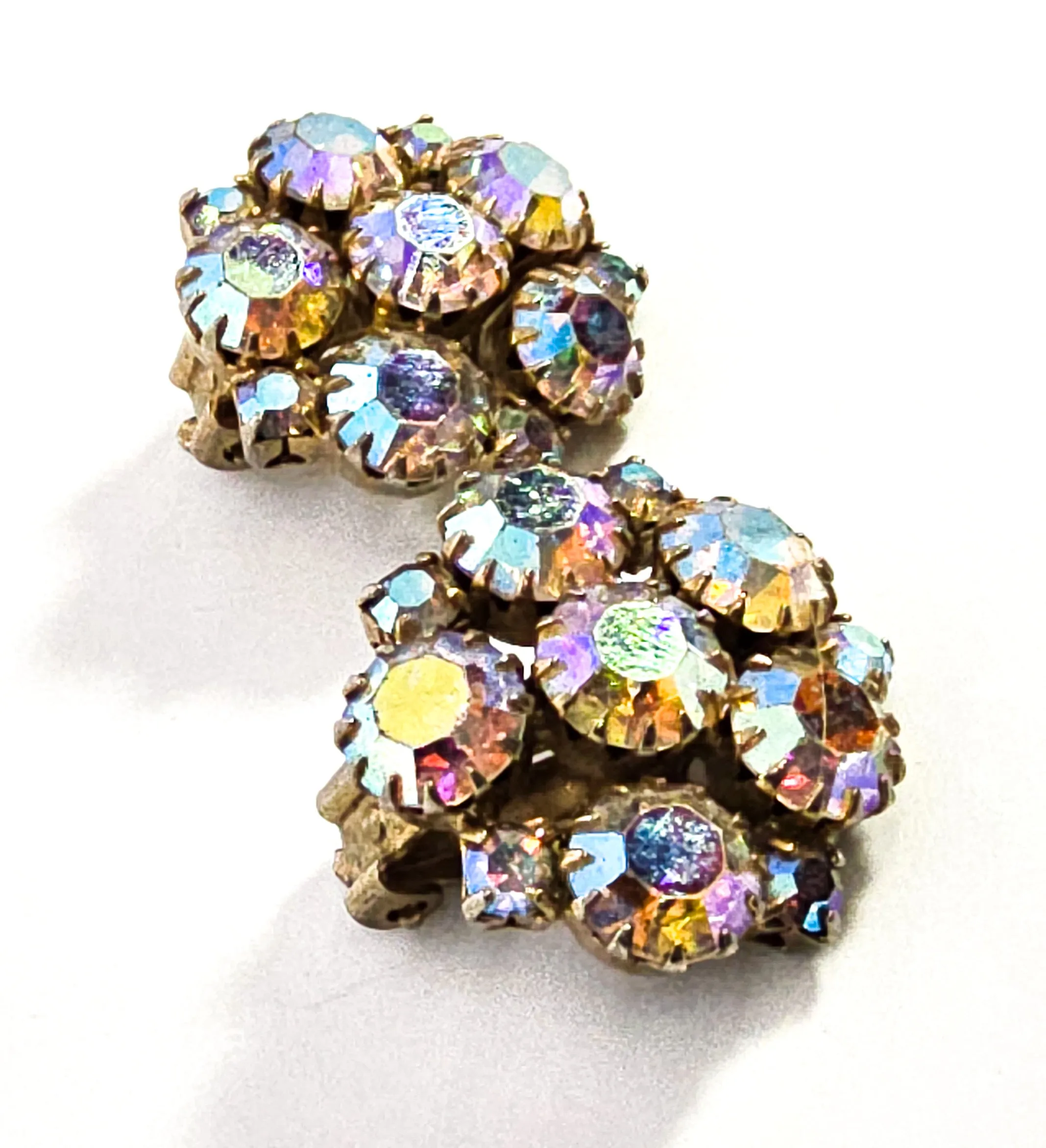 Rainbow flower cluster aroura borealis AB vintage rhinestone clip on earrings