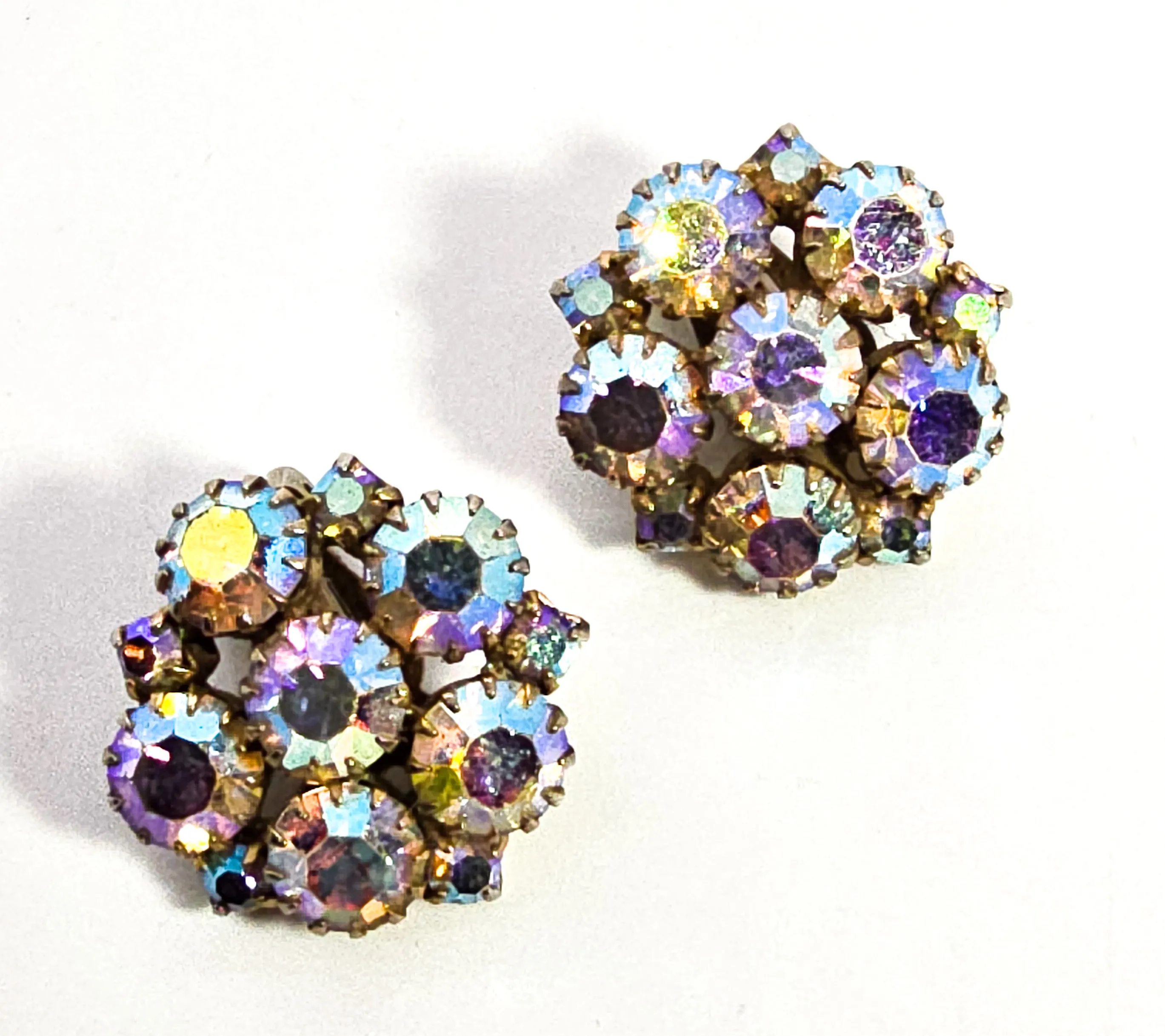 Rainbow flower cluster aroura borealis AB vintage rhinestone clip on earrings