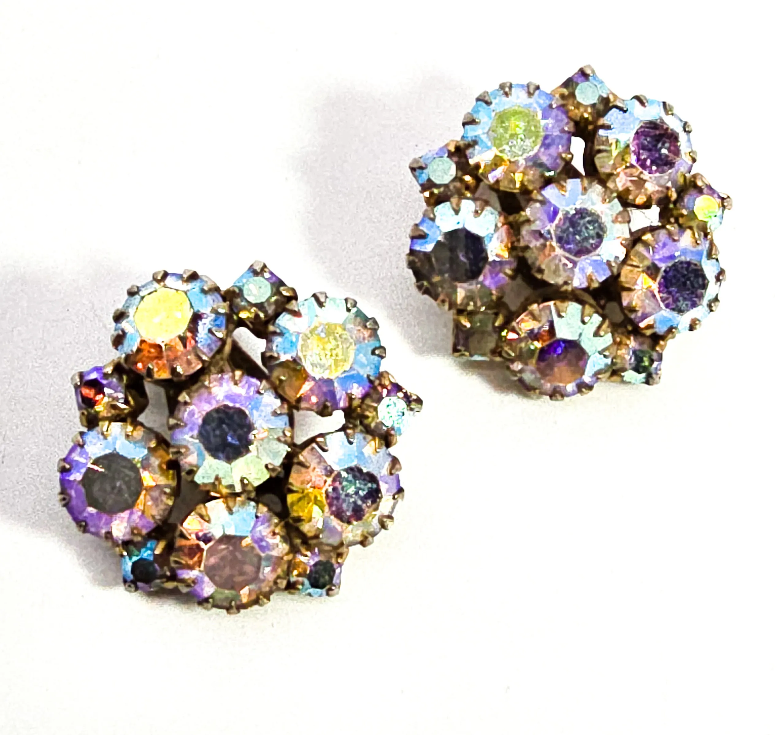 Rainbow flower cluster aroura borealis AB vintage rhinestone clip on earrings