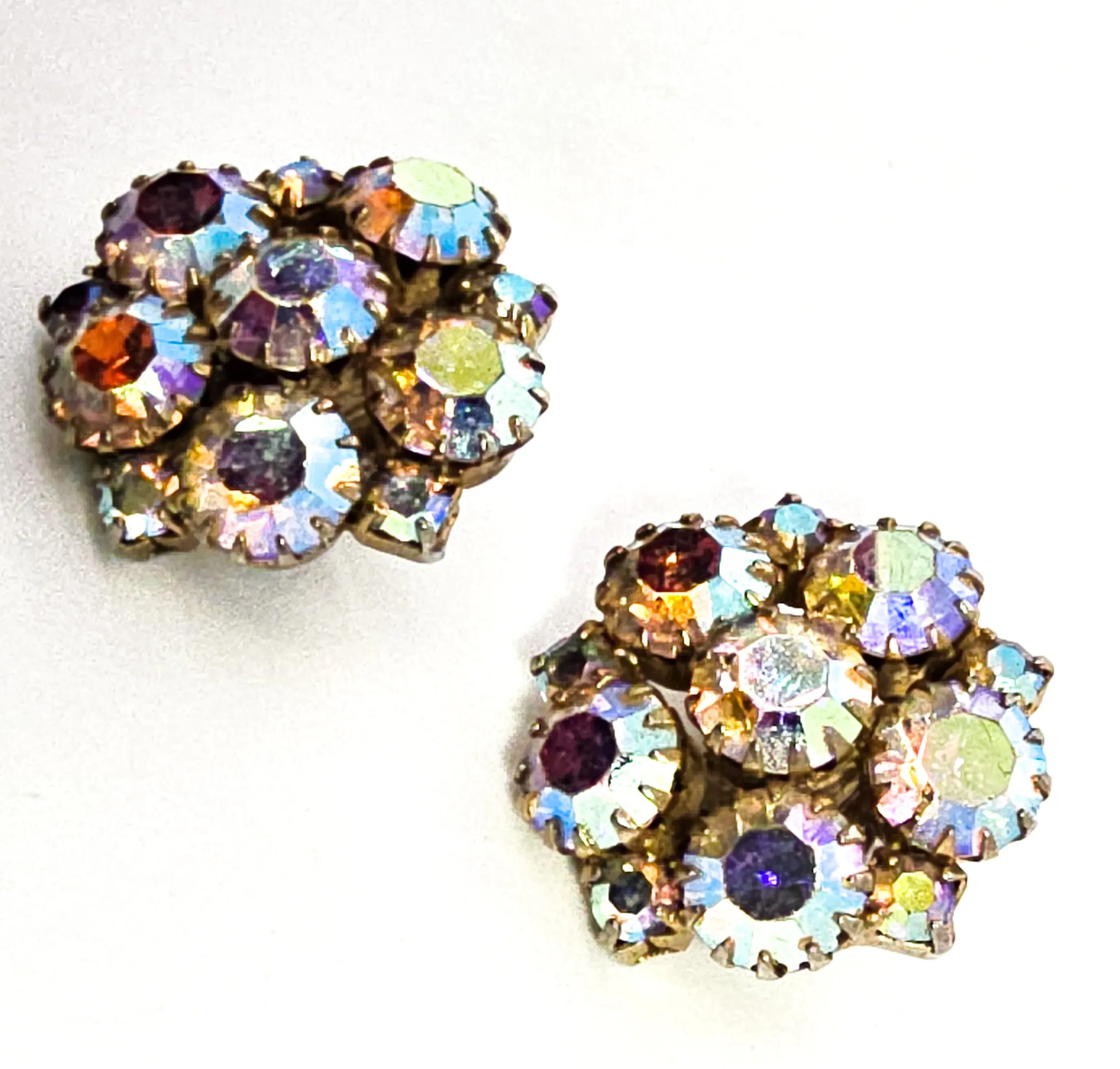 Rainbow flower cluster aroura borealis AB vintage rhinestone clip on earrings