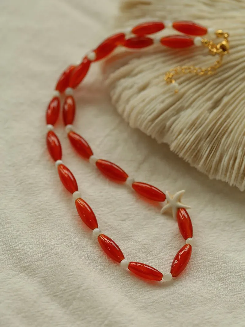 Red Agate Starfish Beaded Necklace