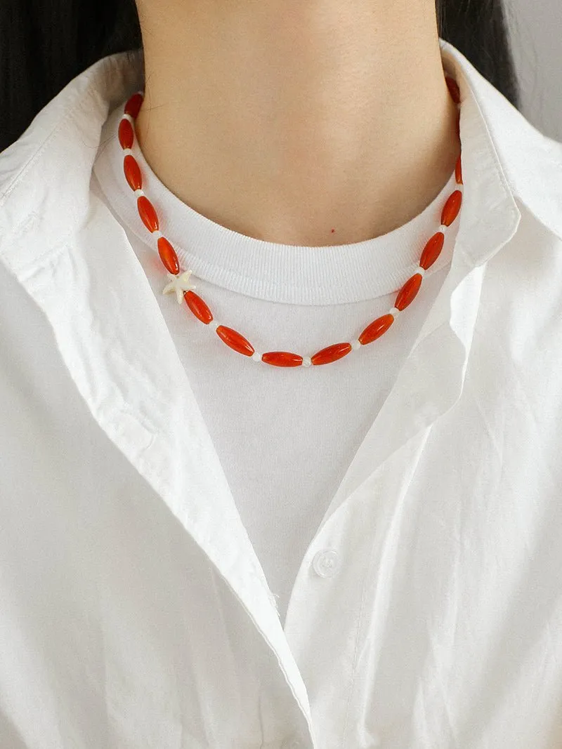 Red Agate Starfish Beaded Necklace
