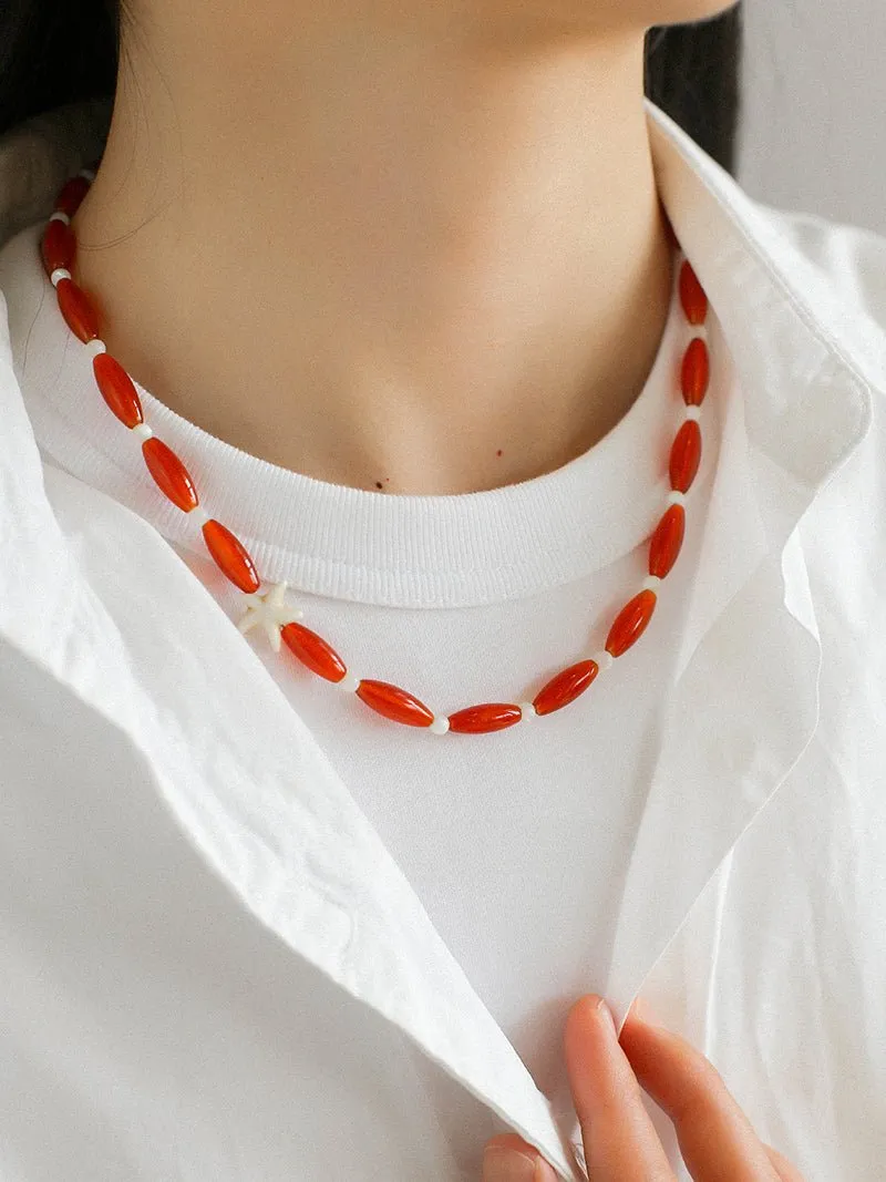 Red Agate Starfish Beaded Necklace