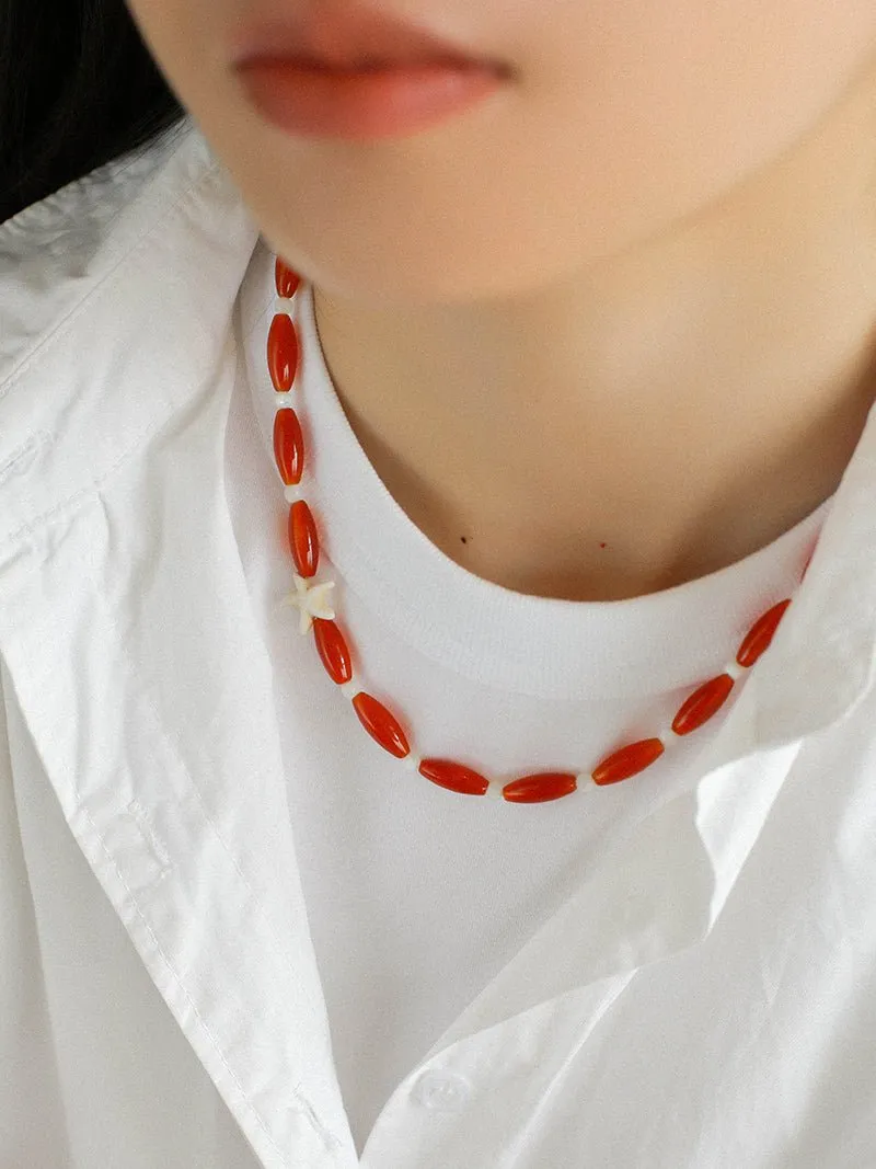 Red Agate Starfish Beaded Necklace