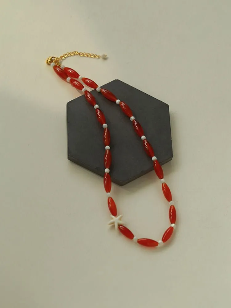 Red Agate Starfish Beaded Necklace