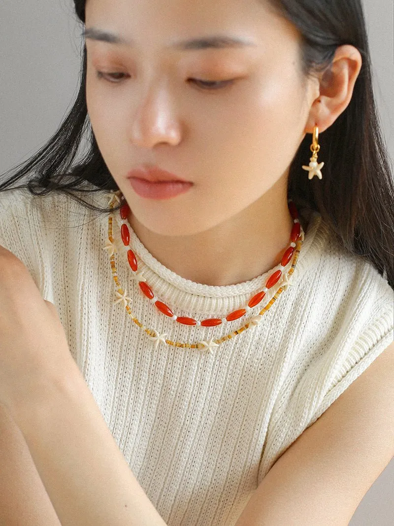 Red Agate Starfish Beaded Necklace