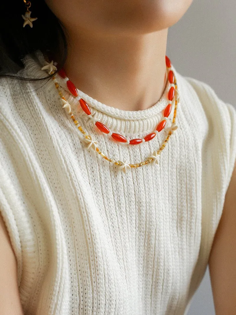 Red Agate Starfish Beaded Necklace