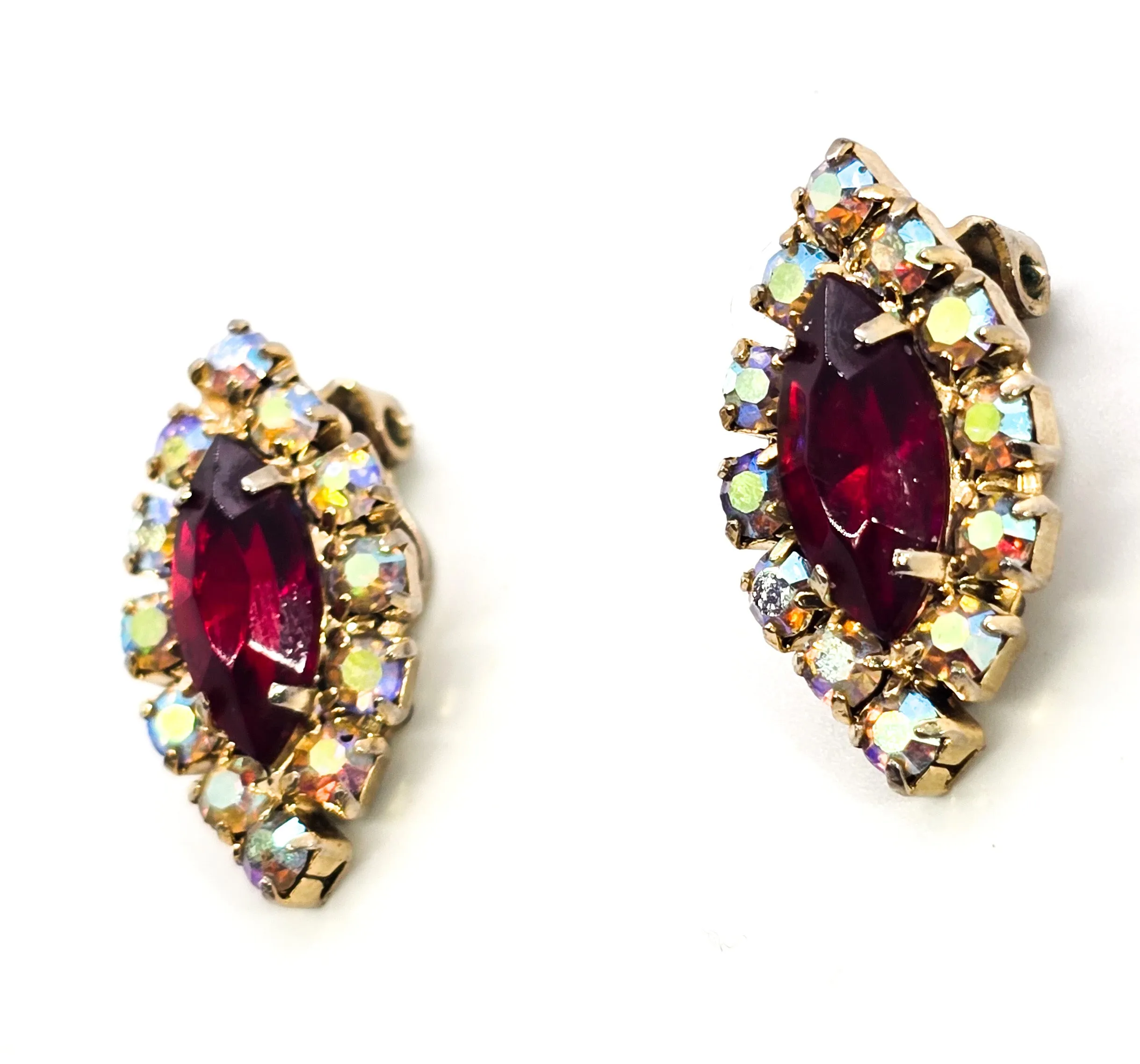 Red and Gold rainbow aurora borealis rhinestone mid century vintage clip on earrings