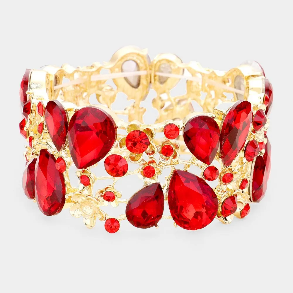 Red Crystal Teardrop Floral Stretch Bracelet on Gold |  426862