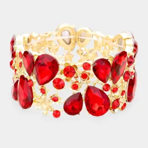 Red Crystal Teardrop Floral Stretch Bracelet on Gold |  426862