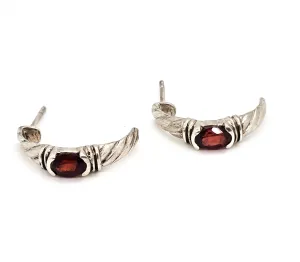 Red Garnet half hoop twisted rope sterling silver vintage gemstone earrings