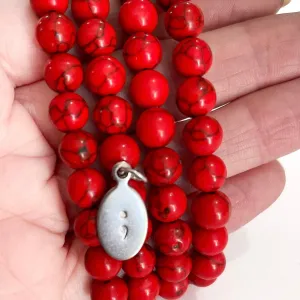 Red Turquoise Bead Bracelet | 8mm | Semi Colon Charm | Natural Stone | Womens