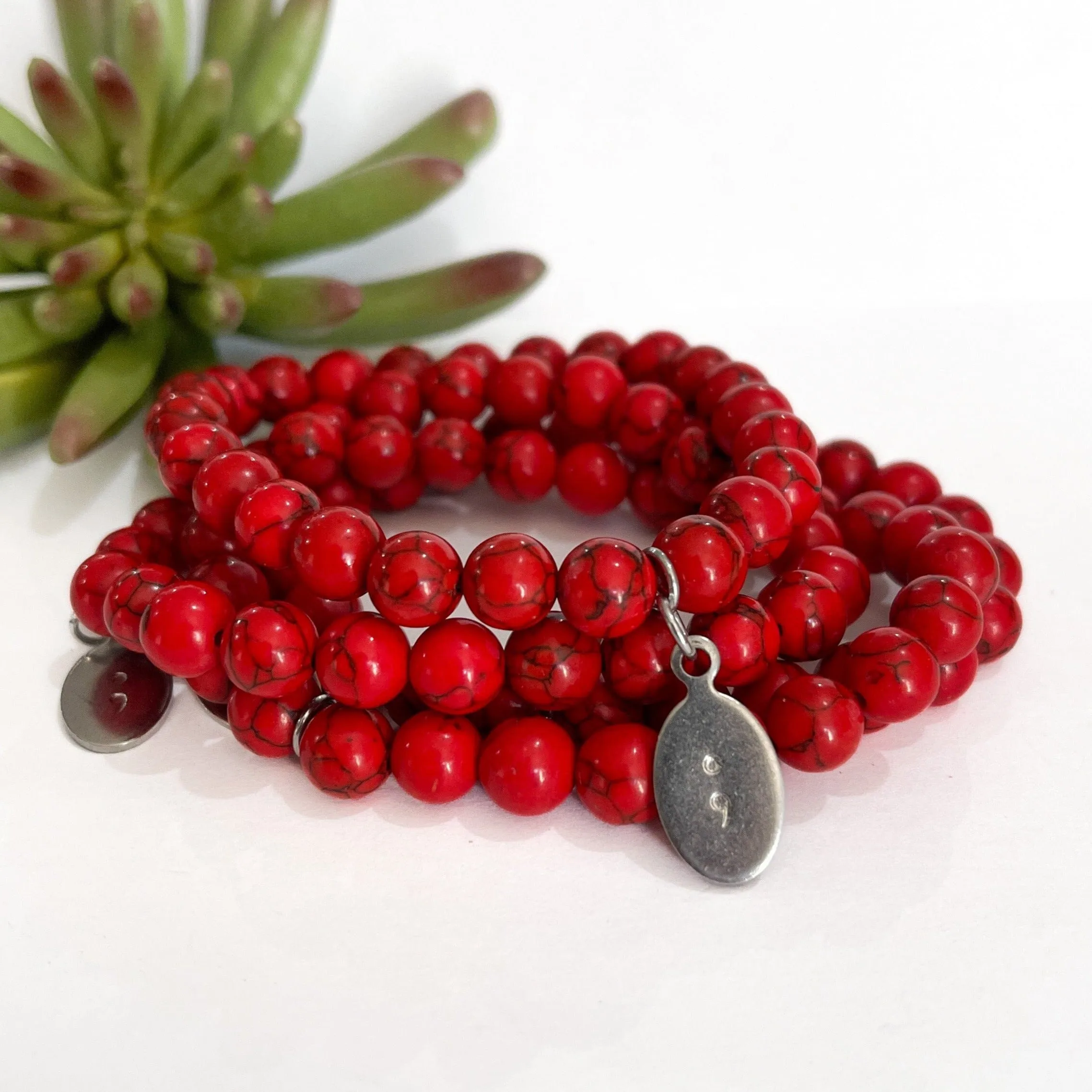 Red Turquoise Bead Bracelet | 8mm | Semi Colon Charm | Natural Stone | Womens