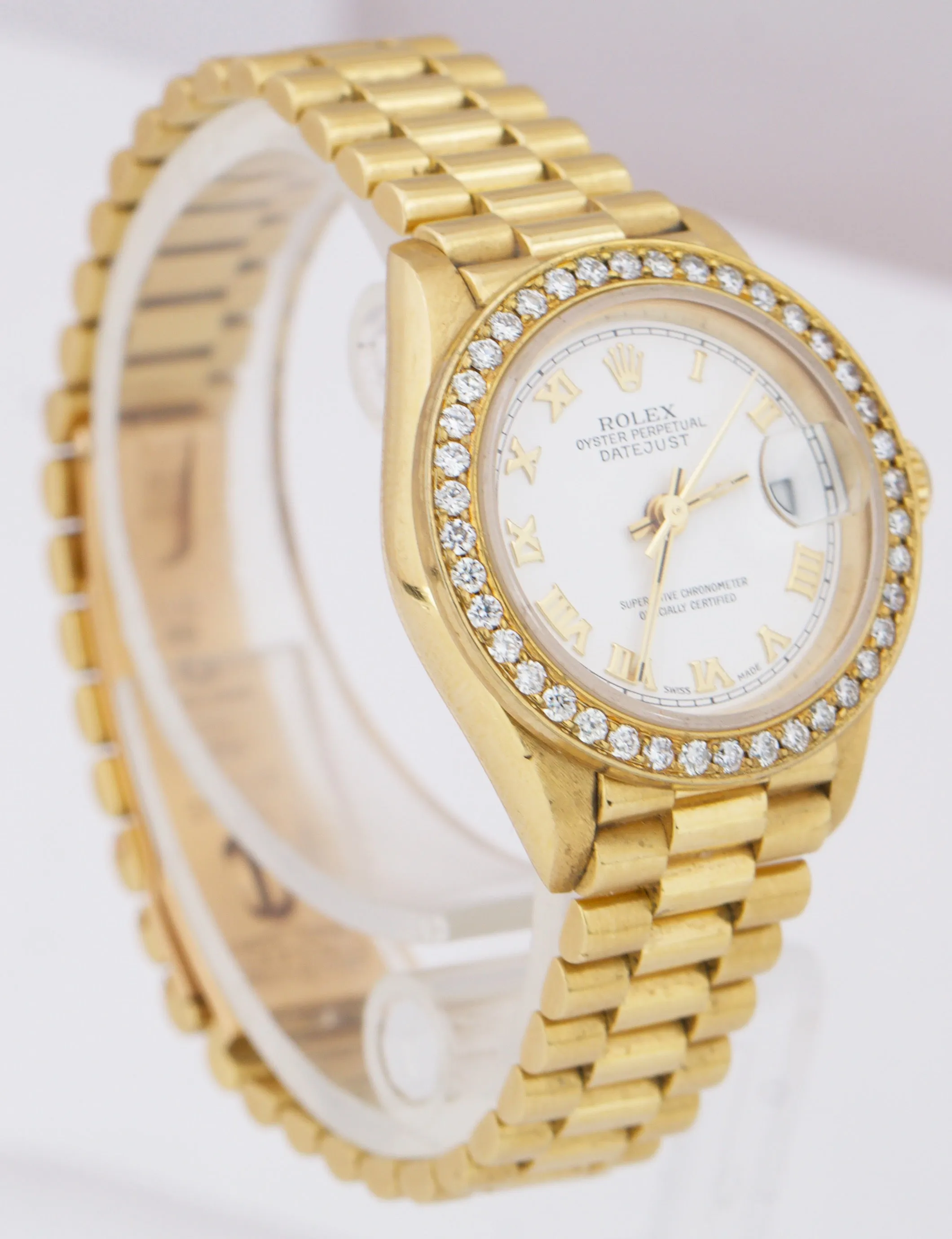 Rolex DateJust President 26mm DIAMOND BEZEL White Roman 18K Yellow Gold 69178