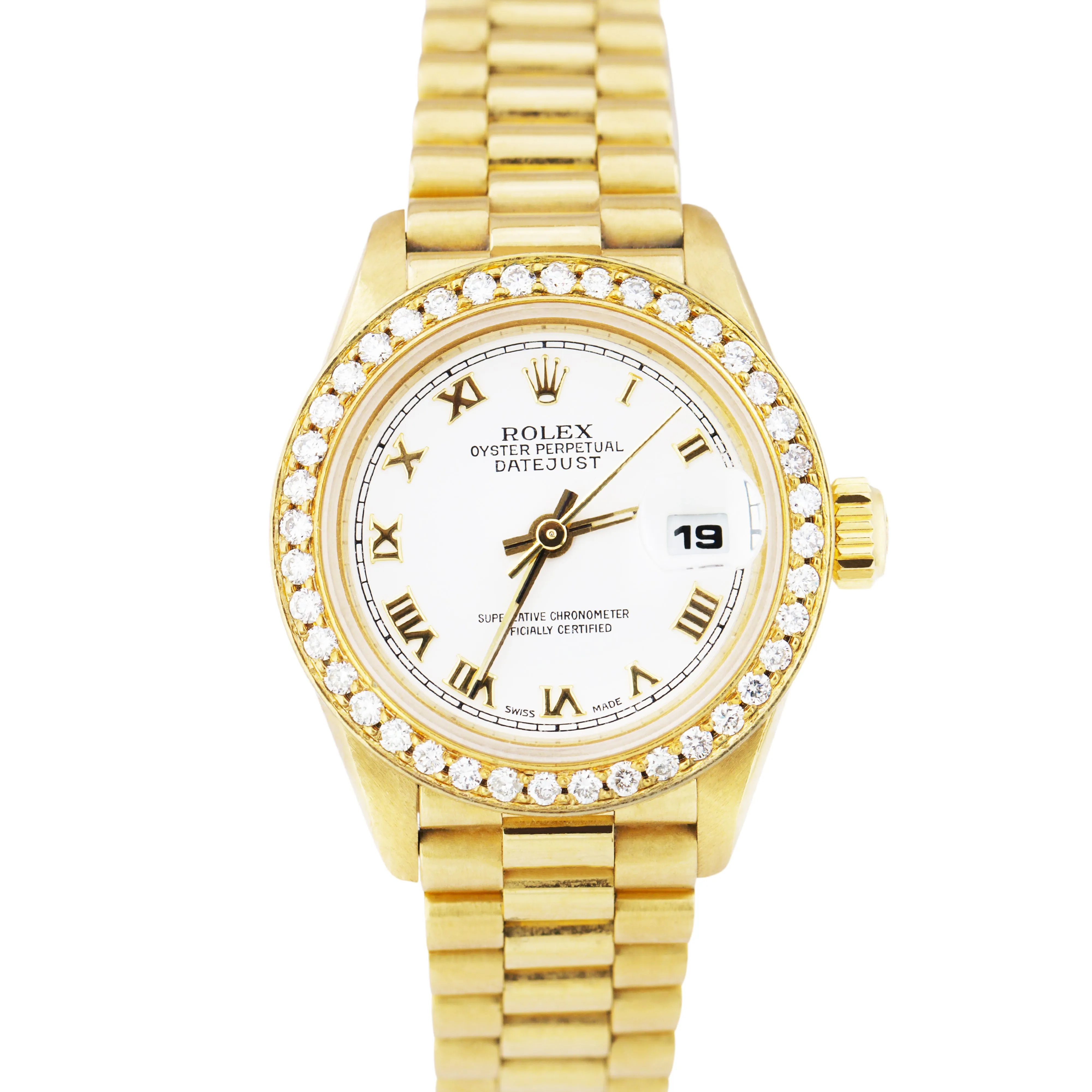 Rolex DateJust President 26mm DIAMOND BEZEL White Roman 18K Yellow Gold 69178