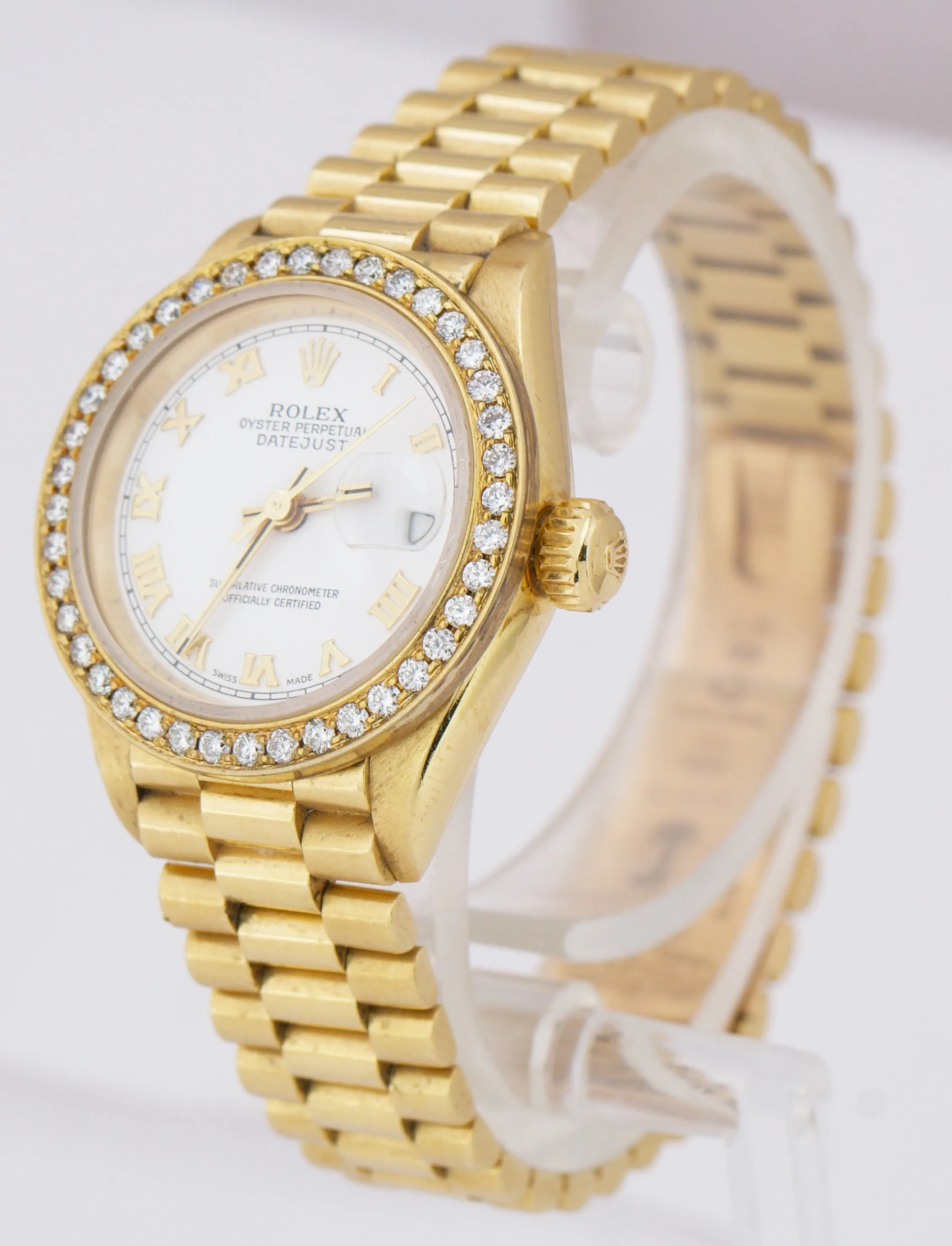 Rolex DateJust President 26mm DIAMOND BEZEL White Roman 18K Yellow Gold 69178