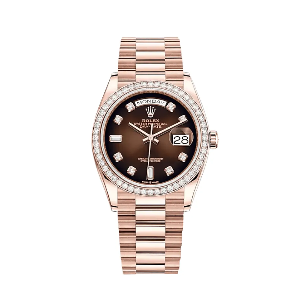 Rolex Day-Date 128345RBR Rose Gold Diamond Bezel Brown Diamond Dial