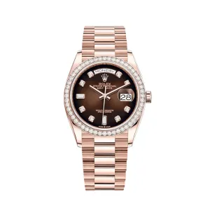 Rolex Day-Date 128345RBR Rose Gold Diamond Bezel Brown Diamond Dial