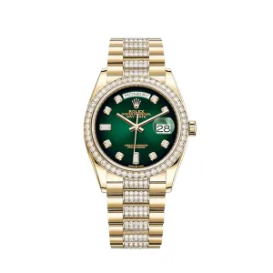 Rolex Day-Date 128348RBR Yellow Gold Diamond Bezel Green Diamond Dial
