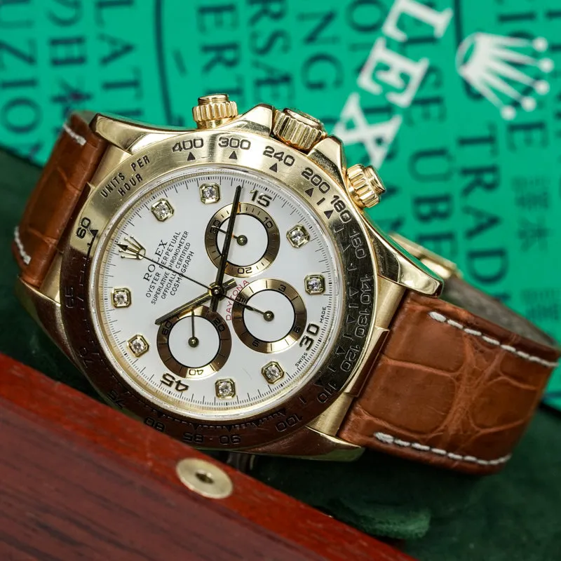 Rolex Daytona 16518 18K Yellow Gold W/Box Circa 1997 Diamond Dial Leather Strap