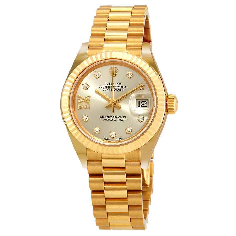 Rolex Lady-Datejust Silver Diamond Dial Ladies 18kt Yellow Gold President Watch 279178SRDP