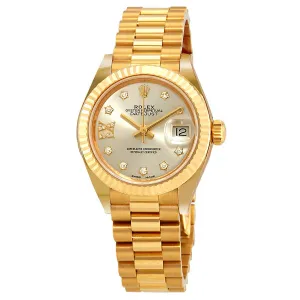 Rolex Lady-Datejust Silver Diamond Dial Ladies 18kt Yellow Gold President Watch 279178SRDP