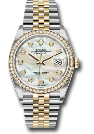 Rolex Steel and Yellow Gold Rolesor Datejust 36 Watch - Yellow Diamond Bezel - White Mother-Of-Pearl Diamond Dial - Jubilee Bracelet - 126283RBR mdj