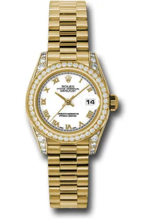 Rolex Yellow Gold Lady-Datejust 26 Watch - 42 Diamond Bezel - White Roman Dial - President Bracelet - 179158 wrp