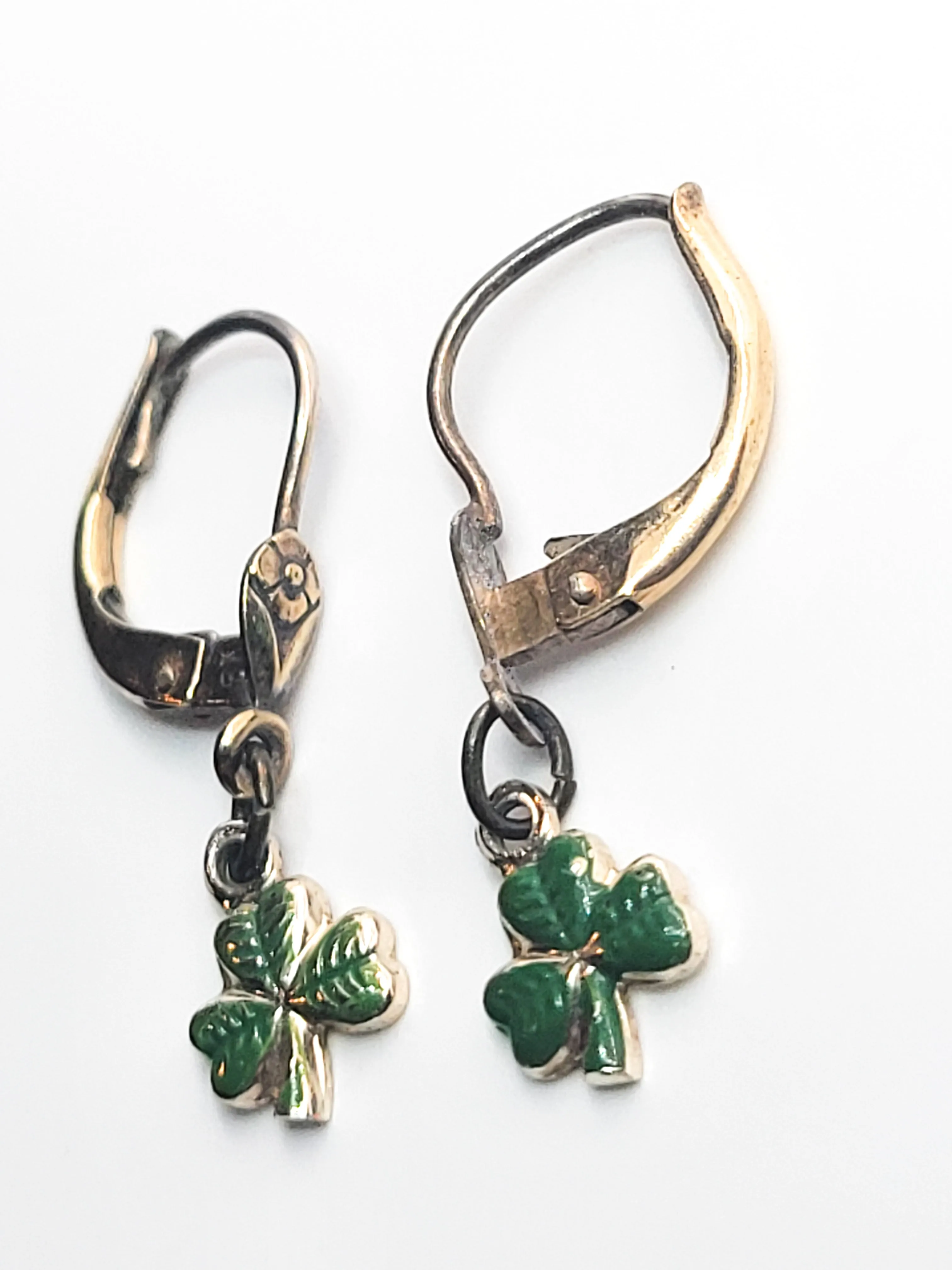 Rolled gold lever back green enamel shamrock vintage lever back flower earrings