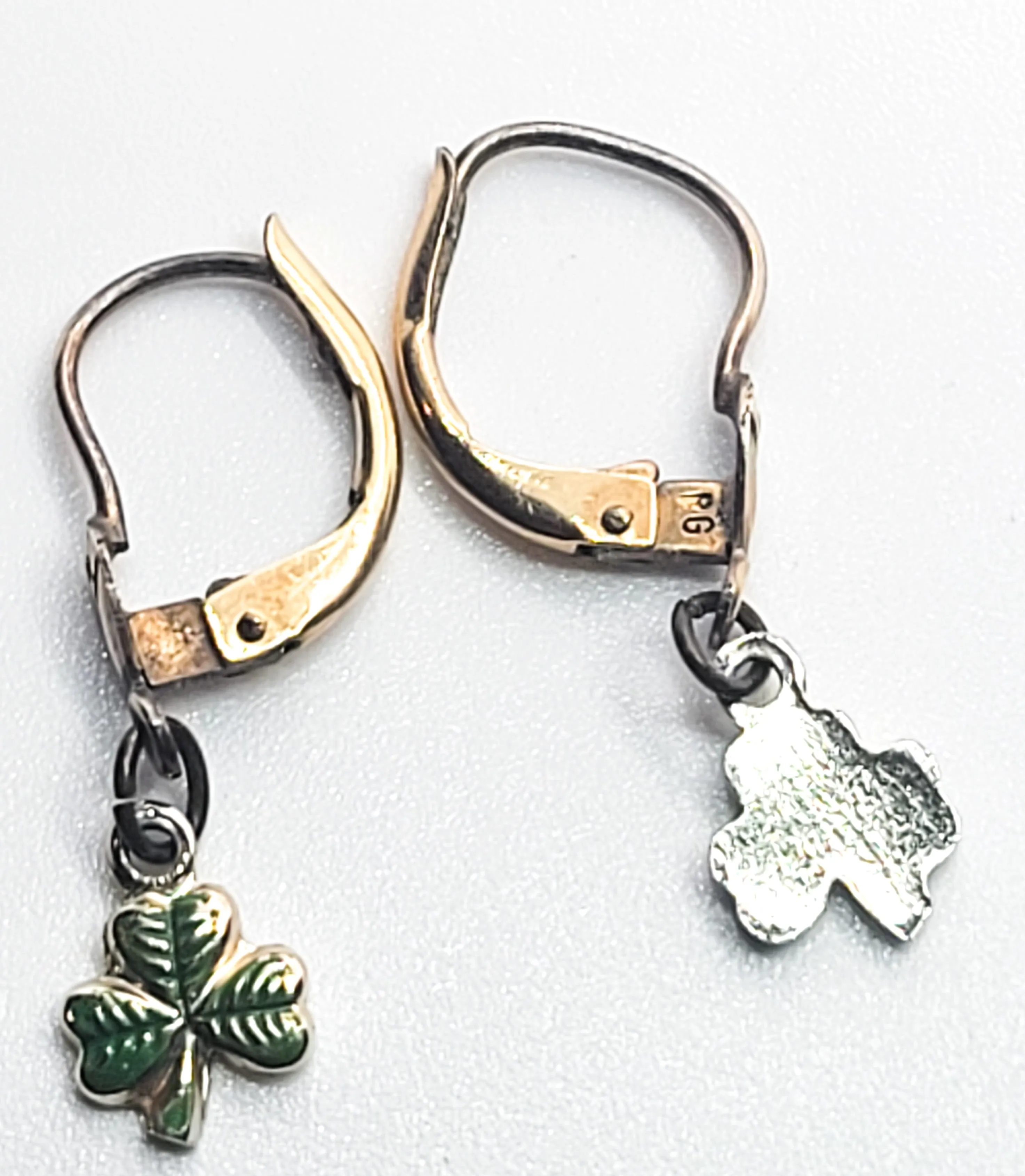 Rolled gold lever back green enamel shamrock vintage lever back flower earrings