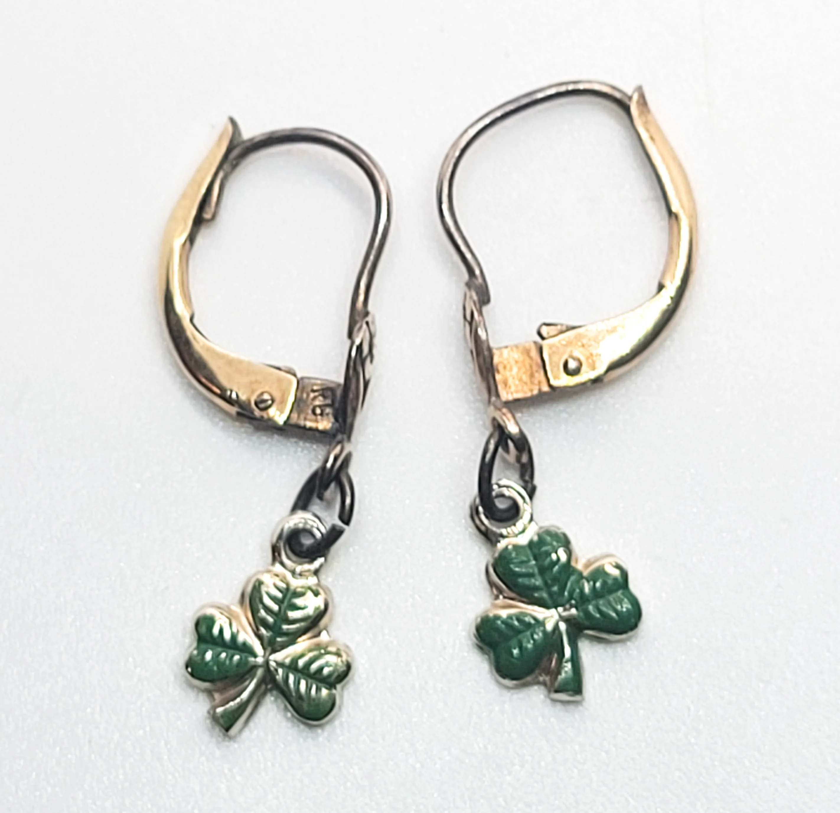 Rolled gold lever back green enamel shamrock vintage lever back flower earrings