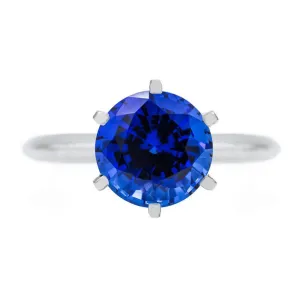 Round Blue Sapphire Platinum 6 Prongs Solitaire Ring