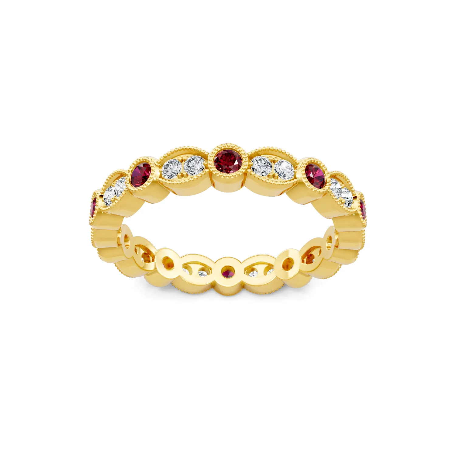 Round Diamond and Ruby Milgrain Eternity Band