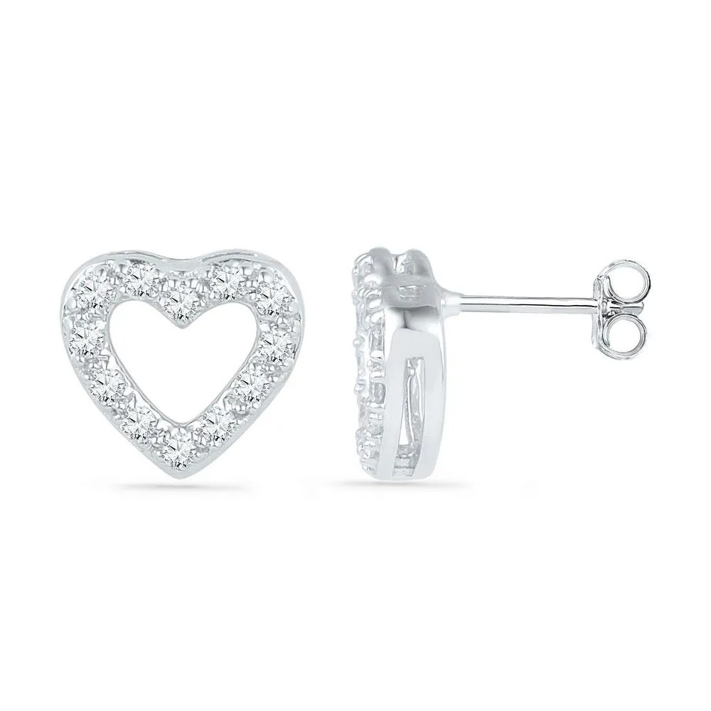 Round Diamond Heart Outline Screwback Earrings 1/8 CTTW in 10K White Gold