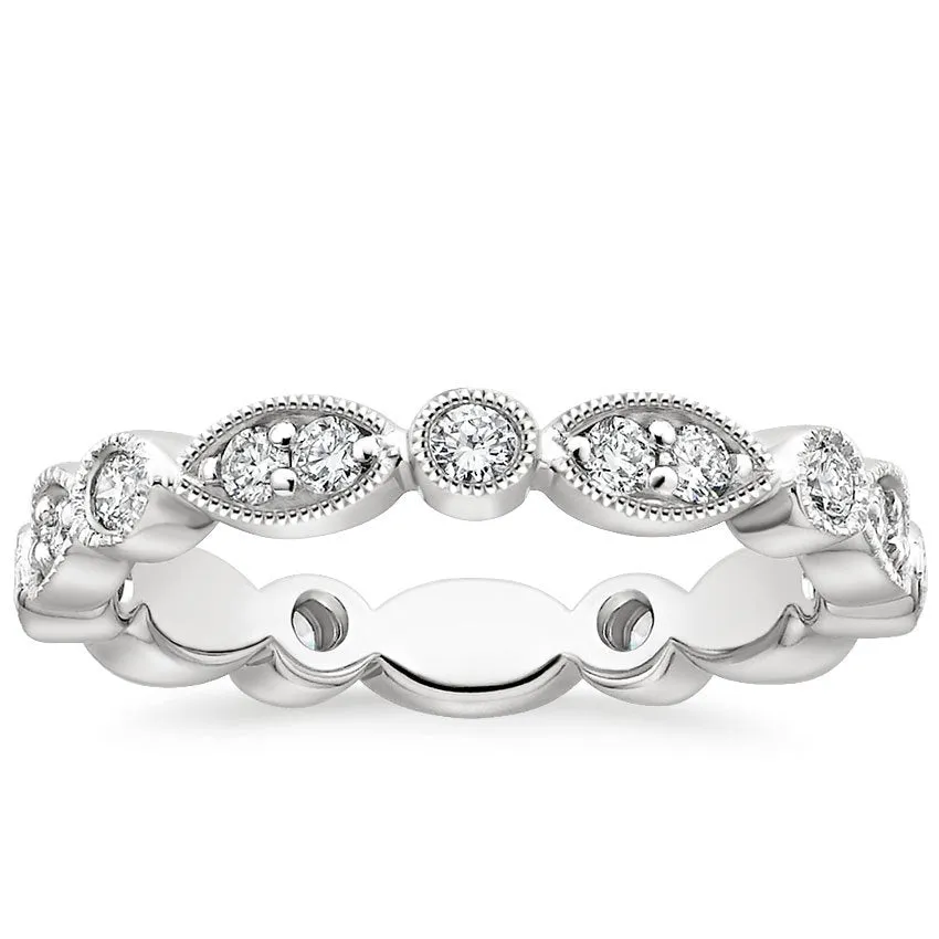 Round diamond marquis shape eternity band with mill-grain