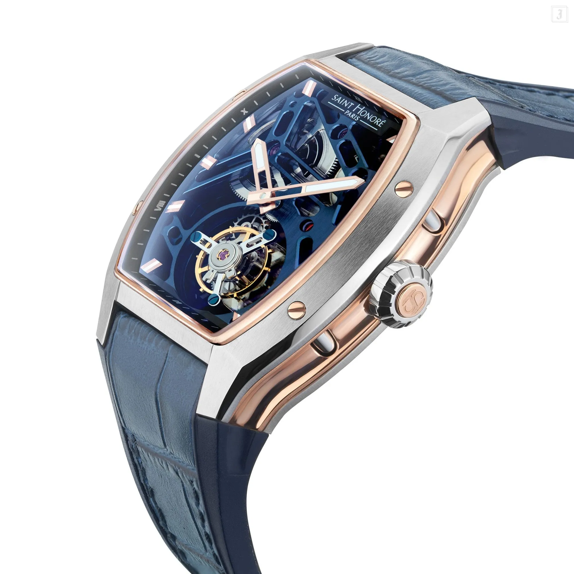 Saint Honore Monceau Men's Tourbillon Blue Open Dial Blue Case & Leather Starp Watch