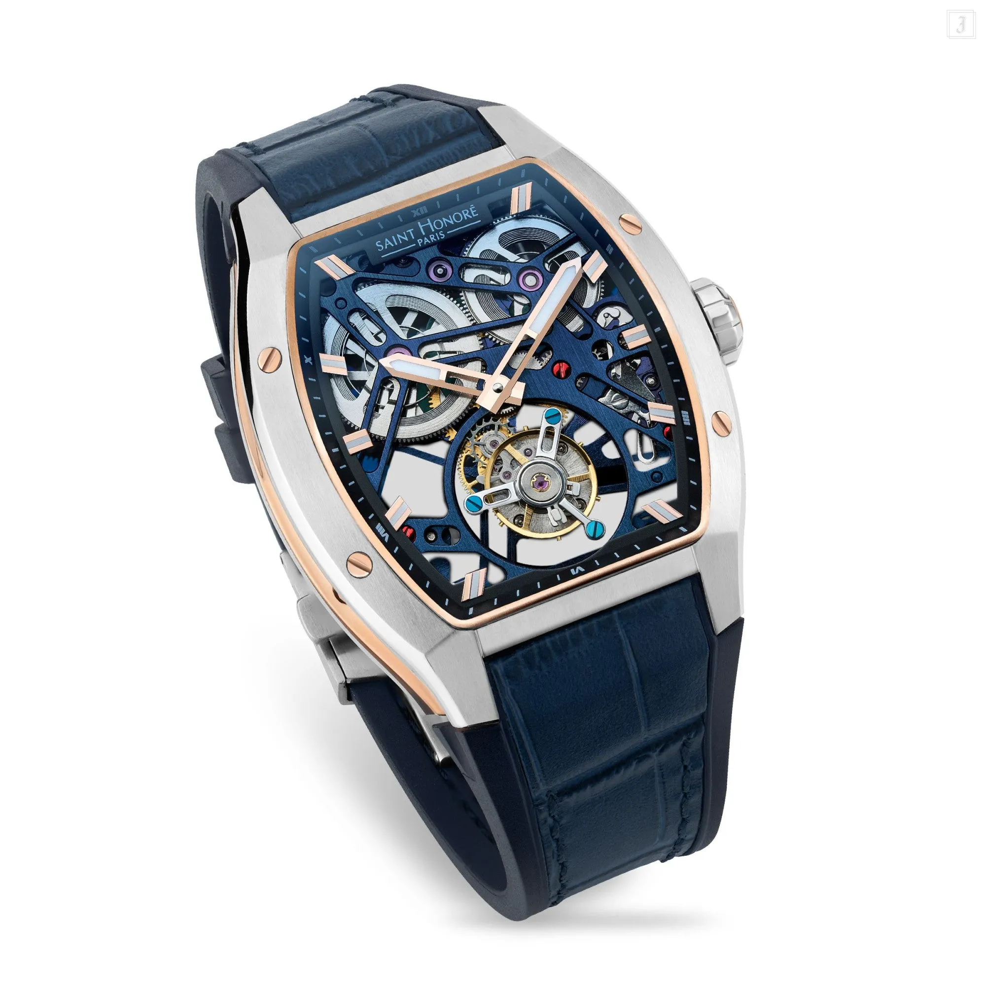 Saint Honore Monceau Men's Tourbillon Blue Open Dial Blue Case & Leather Starp Watch