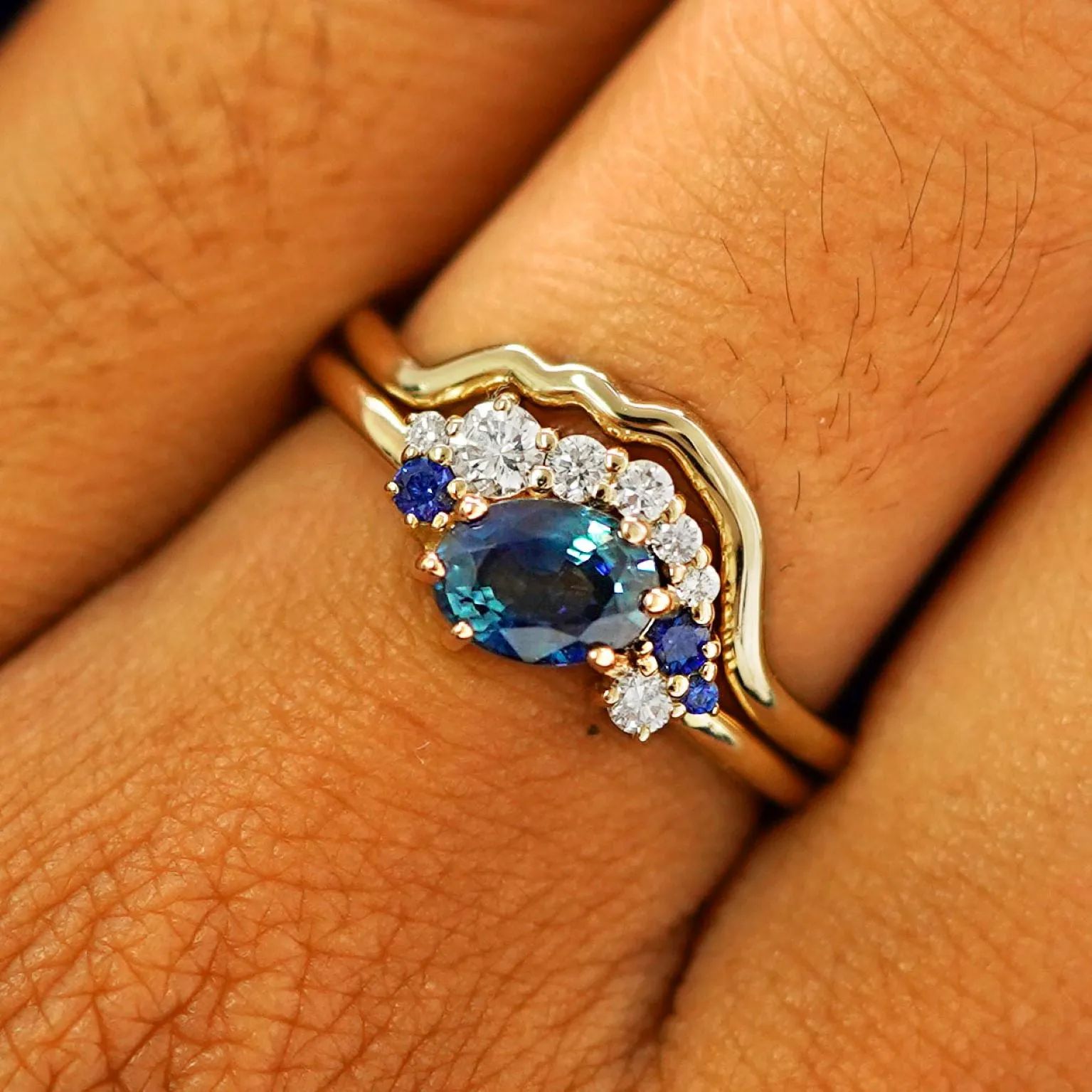 Sapphire and Diamond Cluster Ring with Band